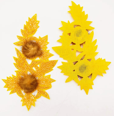 Yellow Hand Embroidered Floral Applique, Beaded Floral Motif With Feather Pom Pom, 1 Pc
